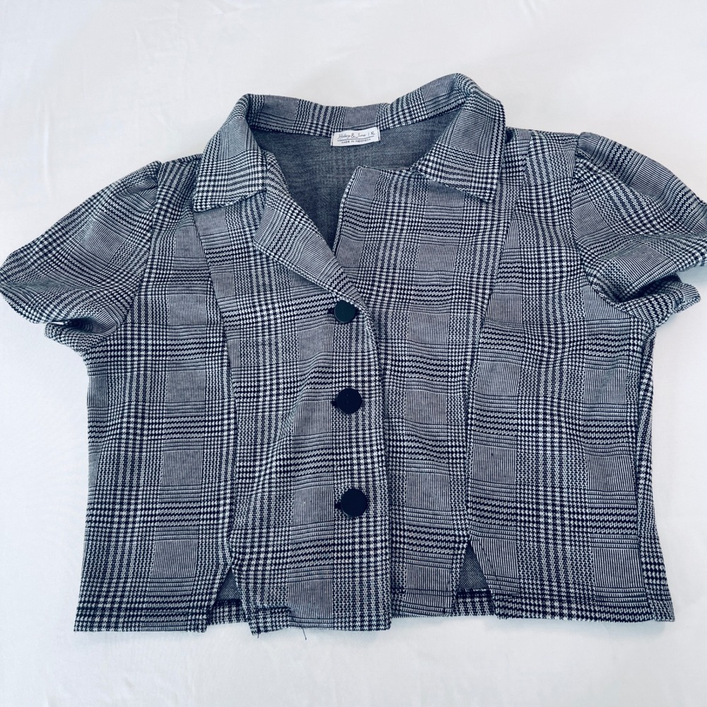 Haley & June Glen‎ Plaid Cropped Button Up Top Black White JY8000-BL Womens XL
